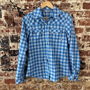 Stio Pearl Snap Button Up Shirt Women's Size Small Blue Plaid Long Sleeve